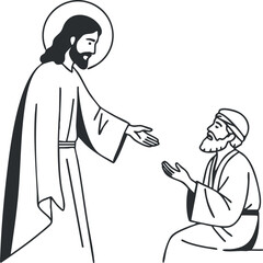 Fototapeta premium A depiction of Jesus extending a hand to a man in an outline minimalist vector style, suitable for religious and spiritual contexts