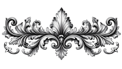 Isolated Ornate Baroque Acanthus Scroll Ornament - Detailed Black and White Hand-Drawn Engraving Style Design Element