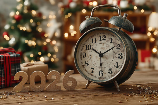 Réveil vintage en laiton et numéros lumineux 2026 sur une table en bois rustique, avec des confettis et un sapin de Noël flou en arrière-plan. Concept de Nouvel An et de compte à rebours 
