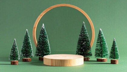 Minimalist festive scene with miniature Christmas trees and wooden display podium.