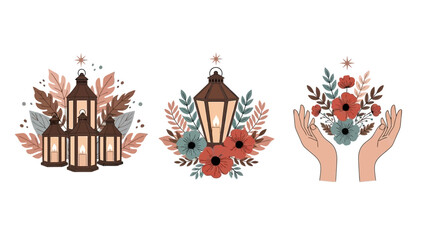Set of three decorative illustrations with lanterns, floral elements, and hands holding flowers, rendered in a warm, earthy color scheme.