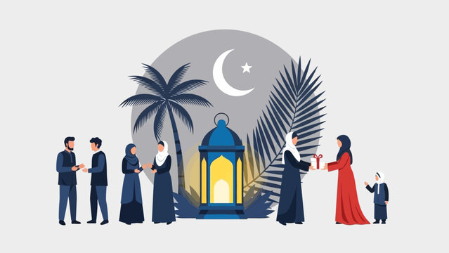 Muslim people celebrating an Islamic holiday with traditional greetings and gifts under a crescent moon and palm trees.