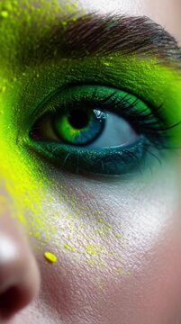Artistic green shades makeup, close up of iris displays vivid shades of blue and green eyes