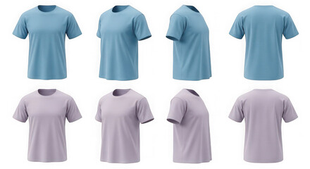 Set of two t shirts in different colors shown from multiple angles isolated on transparent background