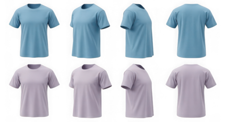 Set of two t shirts in different colors shown from multiple angles isolated on transparent background