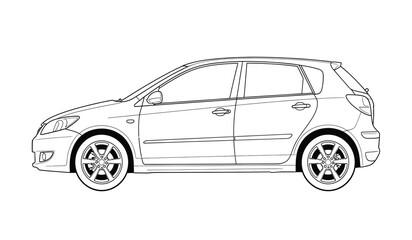 Detailed hatchback car outline vector illustration clean automotive design with precise lines and silhouette