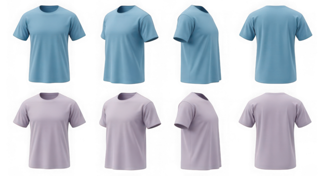 Set of two t shirts in different colors shown from multiple angles isolated on transparent background
