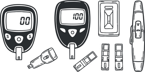 A set of diabetes monitoring devices including blood glucose meters, test strips, and charging equipment in black and white outline vector style, ideal for healthcare illustrations