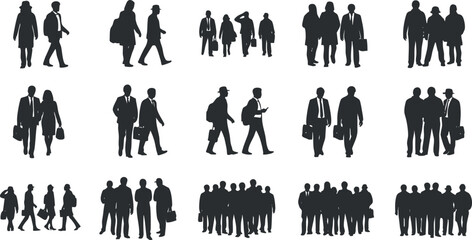 A collection of business silhouettes depicting professionals in various poses and activities in black vector style, ideal for corporate presentations and marketing materials