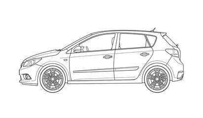 Modern hatchback car outline drawing in black and white side view minimalist design vehicle illustration automotive art hatchback silhouette