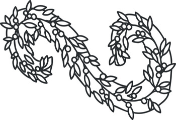Fototapeta premium A decorative swirling vine with leaves and small flowers in black outline vector style, perfect for nature-themed designs