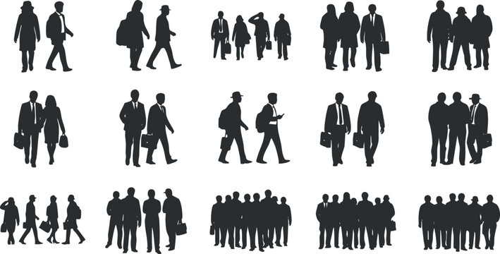 A collection of business silhouettes depicting professionals in various poses and activities in black vector style, ideal for corporate presentations and marketing materials