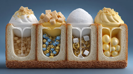 Bread cross section with various fillings and sugary decorations high resolution image