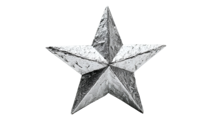 Textured silver five pointed star isolated on transparent background