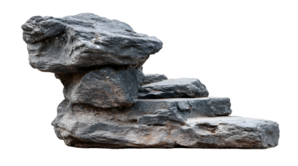 Jagged grey stone formation with steps isolated on transparent background