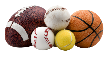 Collection of sports balls including football baseball and basketball isolated on transparent background