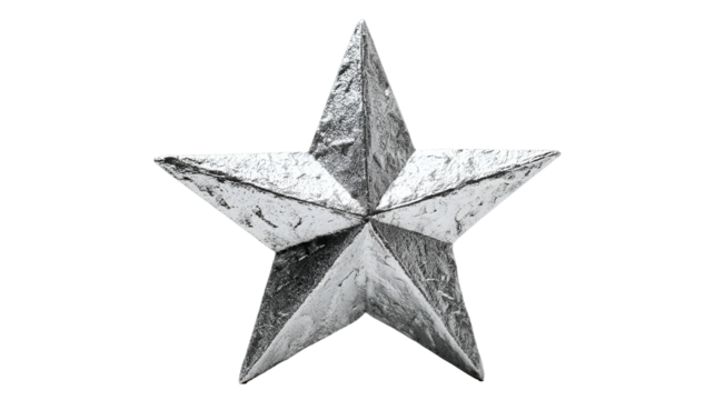 Textured silver five pointed star isolated on transparent background