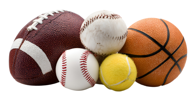 Collection of sports balls including football baseball and basketball isolated on transparent background
