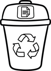 Doodle simple recycle bin with a paper document icon, hand-drawn solid black on white, quick move to trash sketch