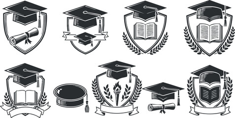 A collection of graduation and academic emblem icons featuring caps, diplomas, and books in black and white vector style, suitable for educational branding and ceremonies