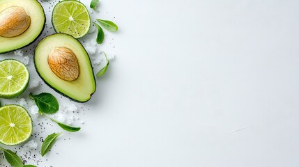 Overhead shot of avocado halves and lime slices arranged with leaves and salt on a white surface. Healthy food concept.