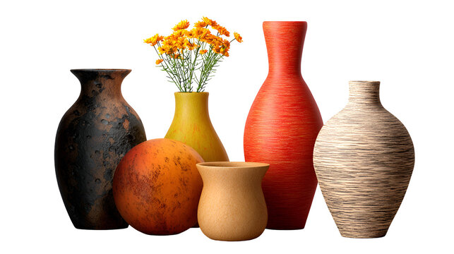 Collection of decorative ceramic vases with flowers isolated on transparent background - Powered by Adobe