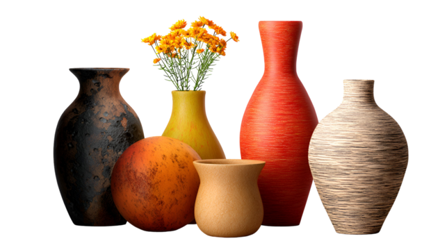 Collection of decorative ceramic vases with flowers isolated on transparent background