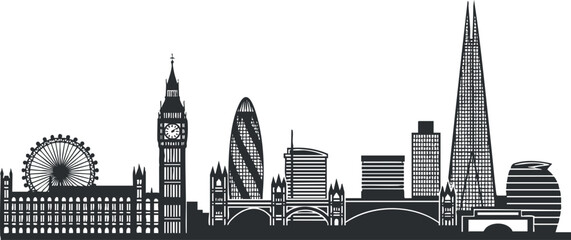 Fototapeta premium A London skyline illustration featuring iconic landmarks like Big Ben, the London Eye, and the Shard in black and white minimalist vector style, perfect for travel and tourism designs