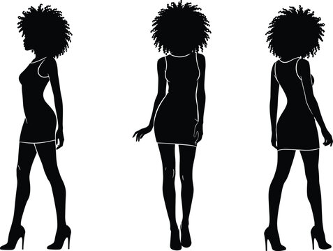 Black woman silhouette set with natural afro curly hair, beautiful African American figure in short dress and heels for fashion, beauty, and ethnic vector illustration content.