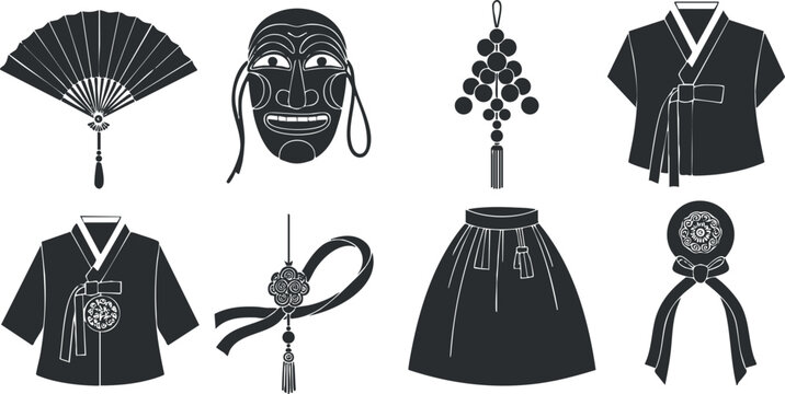 A set of Korean traditional clothing and accessories including hanbok, mask, and fan in black and white vector style, ideal for cultural design projects