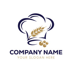 Elegant bakery logo with chef hat and wheat grain elements in navy blue and gold vector illustration for restaurant or catering brand