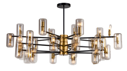 Modern gold and glass chandelier isolated on transparent background