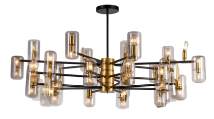 Modern gold and glass chandelier isolated on transparent background