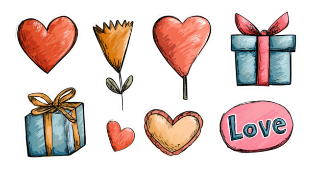 Collection of hand drawn hearts flowers and gift boxes isolated on transparent background