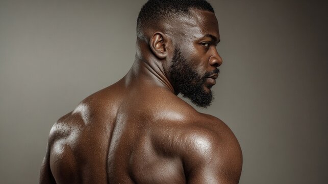 Muscular man showcasing a powerful physique in a dramatic light, highlighting strength and confidence. Perfect for fitness and health themes in marketing contexts.