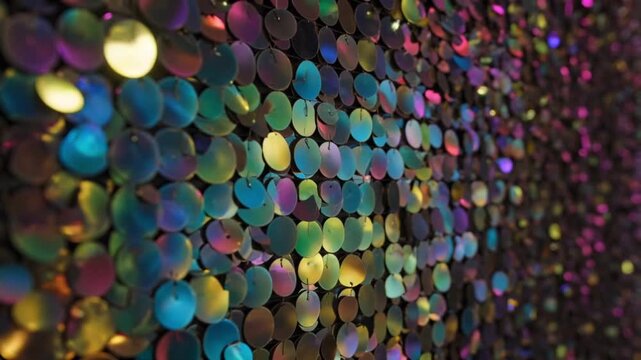 Close-up macro of iridescent sequins. Textured, glittering surface with slight depth and curves gradient dots on dark textured material, showcasing colorful abstract pattern vibrant glowing light