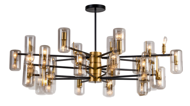 Modern gold and glass chandelier isolated on transparent background - Powered by Adobe