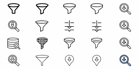 Collection of simple outline icons representing data filtering and search functions