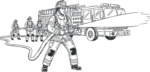 A group of firefighters in action with a fire truck and hose in detailed black and white outline style, ideal for educational materials and emergency services branding