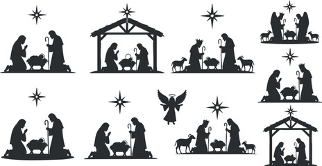 A collection of nativity scene silhouettes featuring Mary, Joseph, baby Jesus, angels, and animals in black vector style, ideal for Christmas decorations and holiday themes