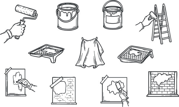 A collection of hand-drawn painting tools including rollers, brushes, and buckets in minimalist black and white vector style, ideal for home renovation projects