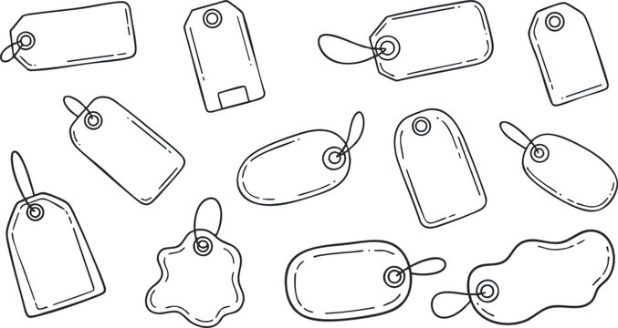A collection of various outline style labels and tags in minimalist vector design, suitable for branding and packaging projects