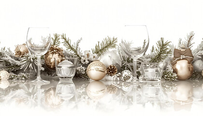Festive white and gold arrangement with glasses, matte balls, and snowy branches &mdash; photo for card, template, and marketing