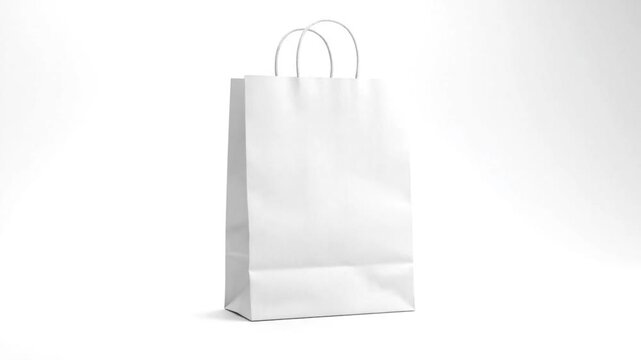 Plain white paper shopping bag with string handles, on white background