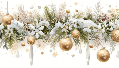 Artistic Christmas decoration watercolor with elegant green foliage and golden balls