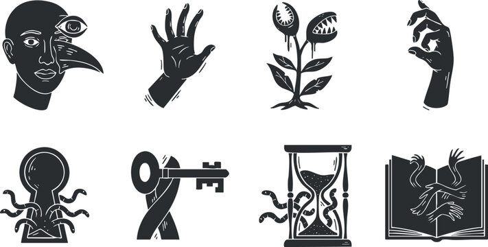 A collection of black and white vector illustrations featuring an eye, hand, plant, octopus, key, hourglass, and book, ideal for creative projects and symbolism