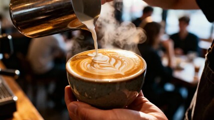 Professional barista pouring steamed milk into cup creating latte art close up in coffee shop - Powered by Adobe