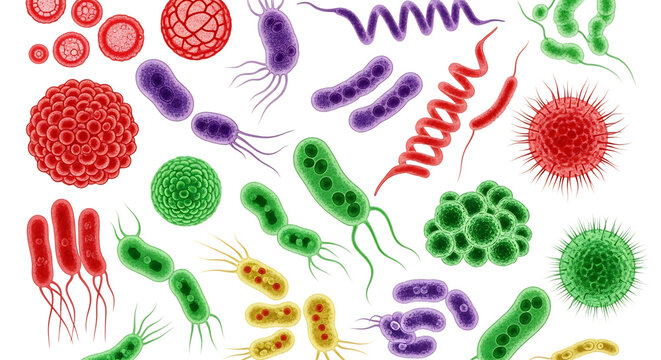 Diverse collection of colorful bacteria and viruses with various shapes and flagella, cutout, PNG isolated on white or transparent background