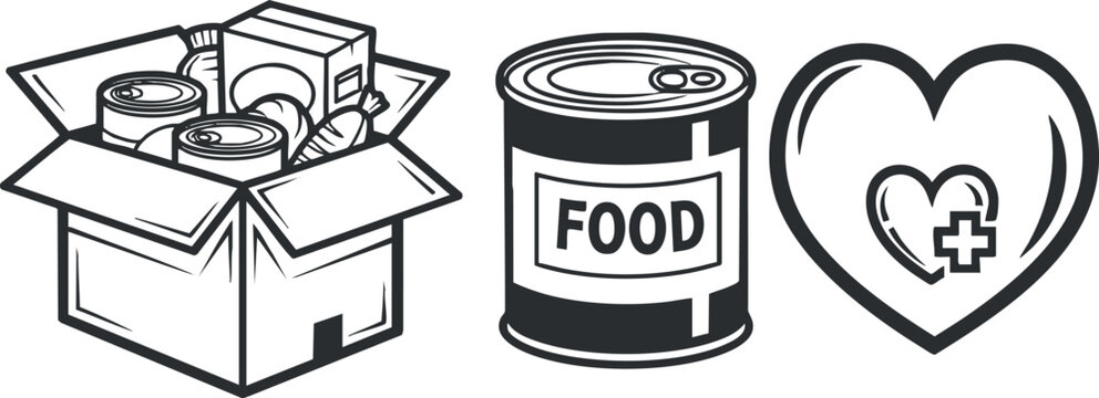 A collection of food donation icons including a box of supplies, a canned food item, and a heart symbol in outline vector style, ideal for charity and community support projects
