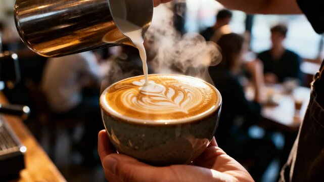 Professional barista pouring steamed milk into cup creating latte art close up in coffee shop